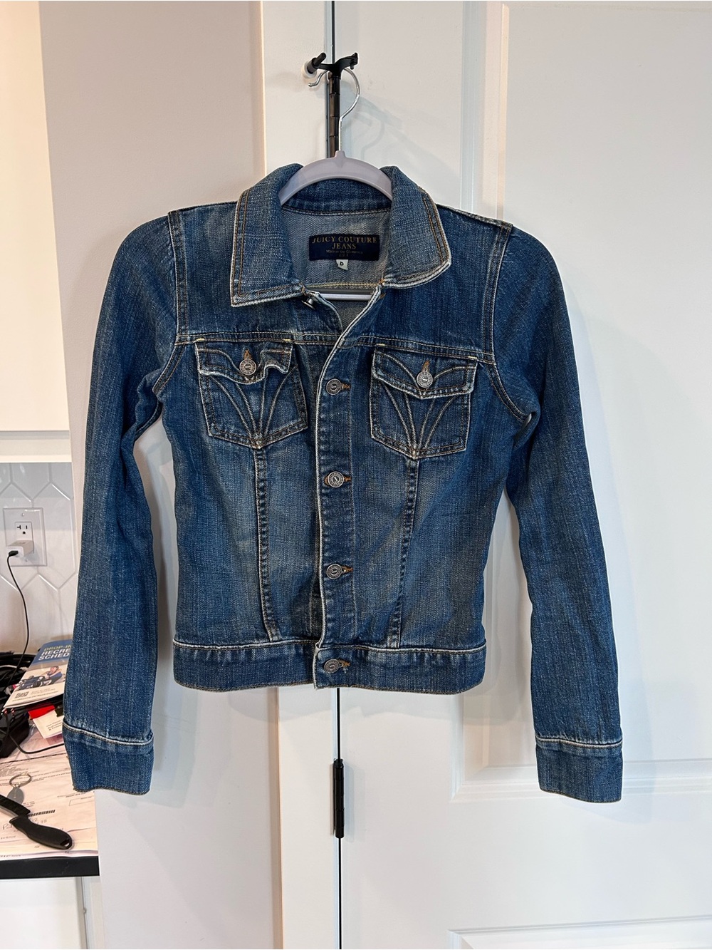 Vintage Juicy Couture Y2K Dark Blue Denim Trucker Jacket Red Heart Patch Cotton